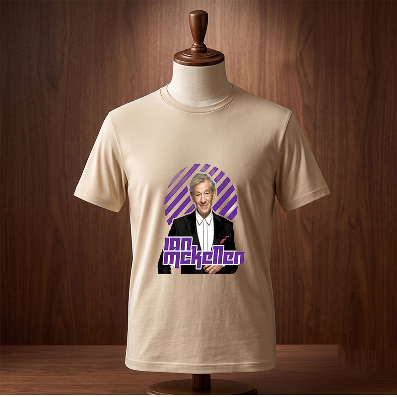 Ian McKellen in a formal suit with a purple and black striped background - Tee