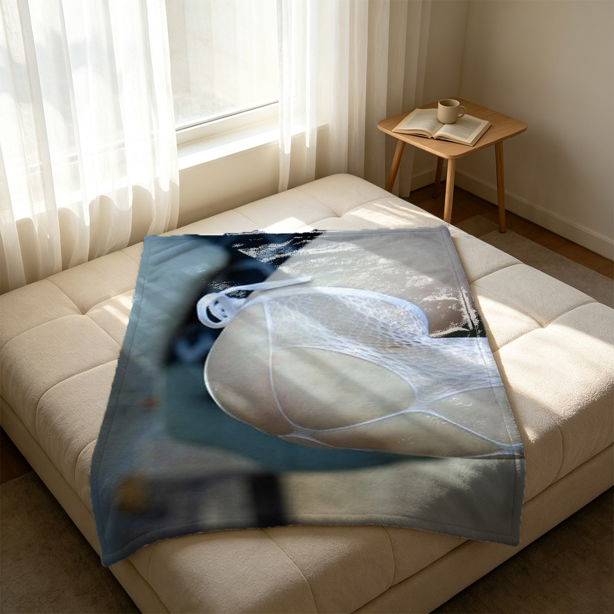 A woman in sheer lingerie standing by a steamy window. - Blanket