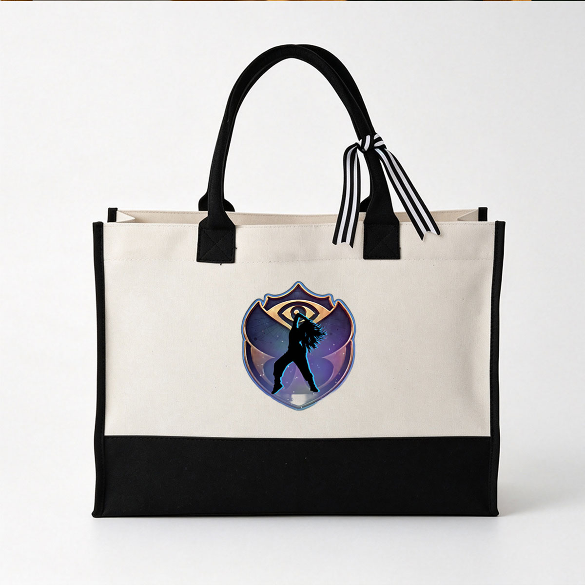 Silhouette of a dancer in front of an eye emblem, cosmic background - Canvas patchwork gift tote bag