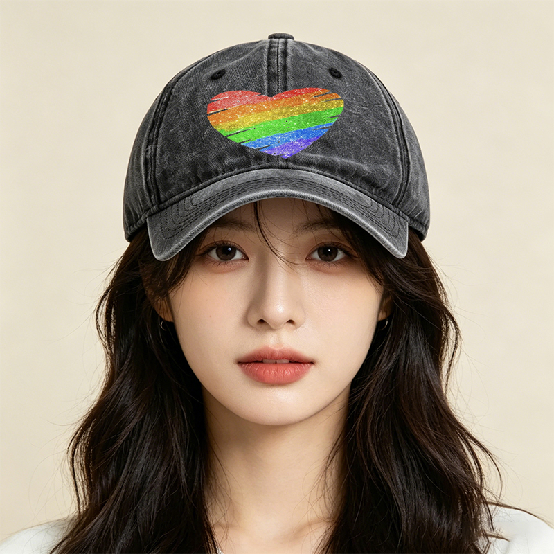 Unisex Classic Washed Cap with Rainbow Heart Glitter Print - Perfect for Pride Events, Casual Outings, and Everyday Wear - Ideal for Adults Seeking Vibrant, Comfortable Headwear with LGBTQ+ Inspired Design