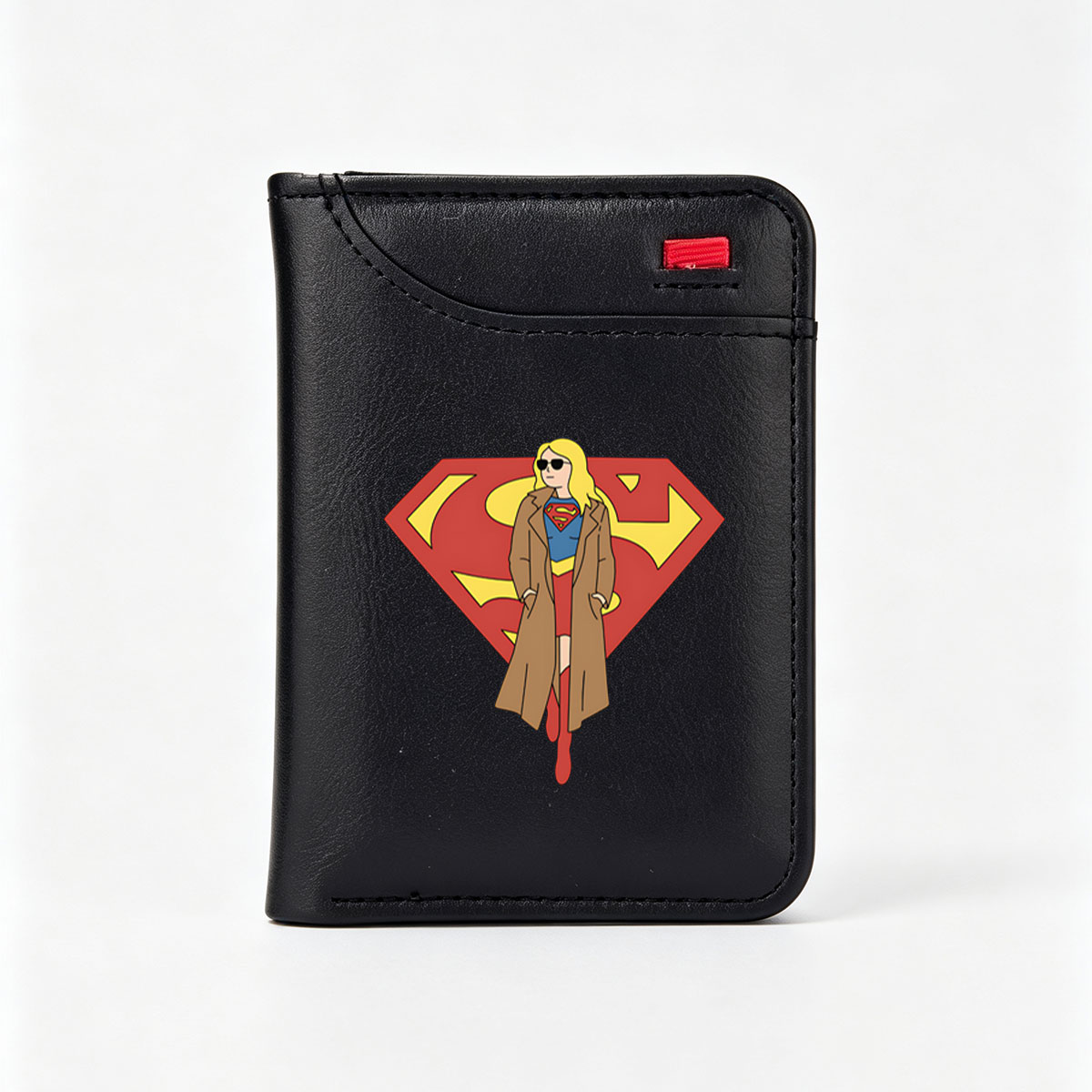 Supergirl in a Brown Coat with Superman Logo Background - Vertical Style Wallet