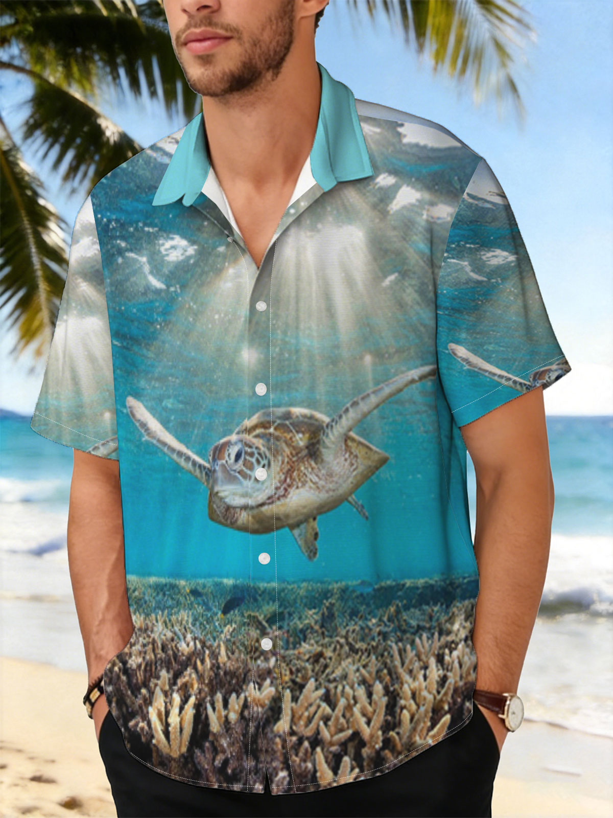 Sea turtle glides through sunlit coral reef -  Shirt