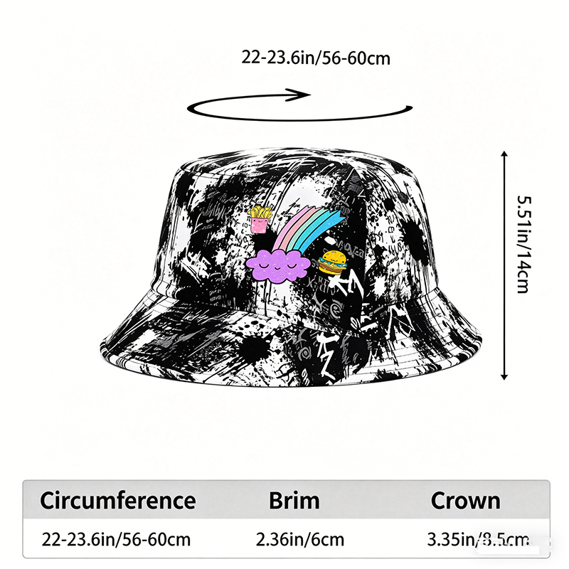 Unisex Classic Graffiti Bucket Hat with Cute Rainbow Cloud, Fries and Burger Print | Perfect for Casual Outings, Streetwear, and Daily Wear | Ideal for Teens and Young Adults Loving Fun Pop Art Style
