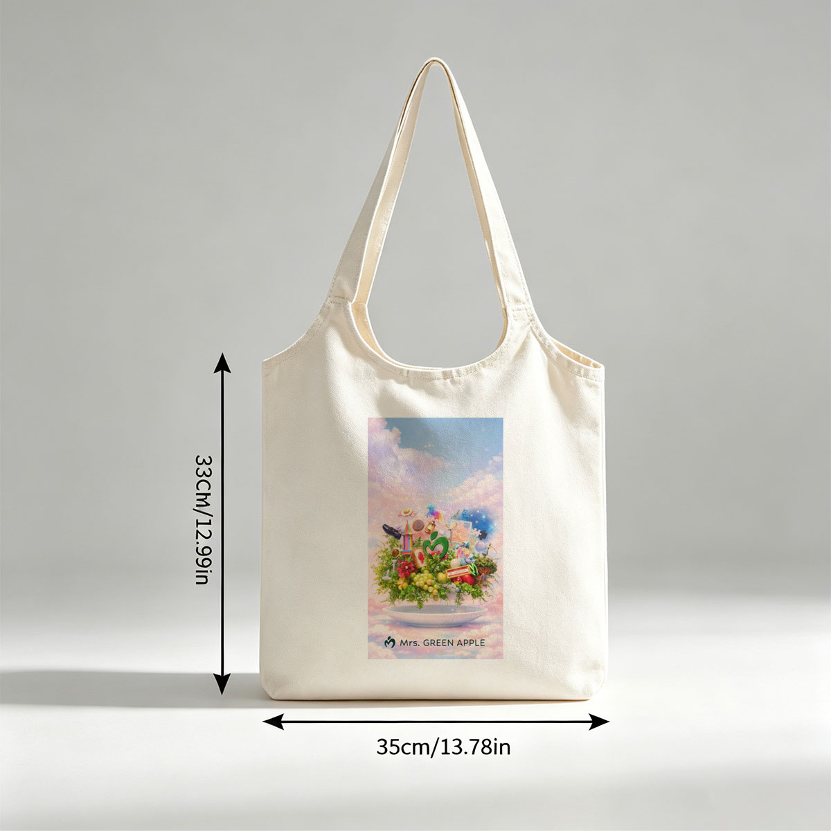 Mrs. GREEN APPLE Fantasy Garden Scene with Colorful Objects and Nature Elements on a Plate - Canvas shoulder bags/