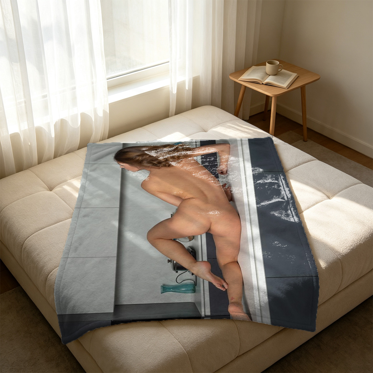 A woman in a white and black lingerie set kneeling on the floor in a modern office. - Blanket