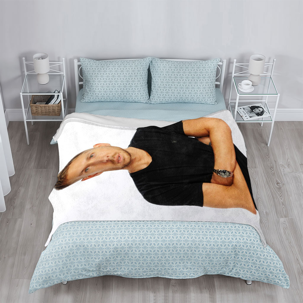 Calvin Harris Standing with Arms Crossed in Black T-Shirt Against White Background - Blankets