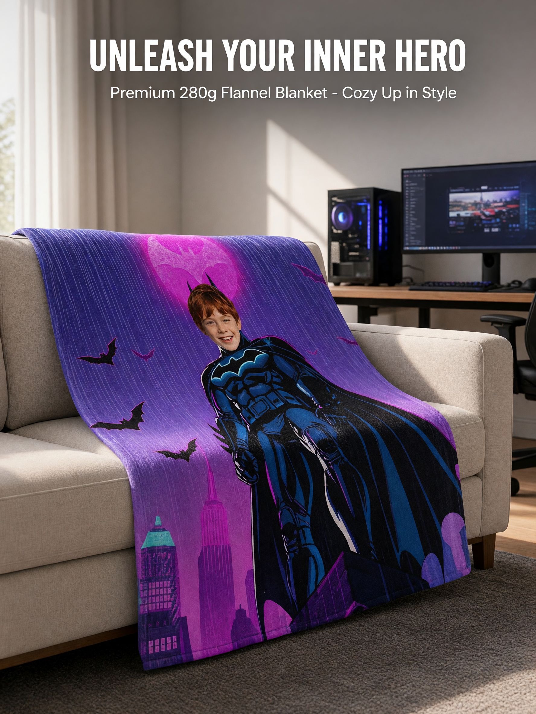 Personalized Superhero Face Blanket Custom Photo Flannel Throw for Kids Cozy Velvet Plush Hero Keepsake Gift