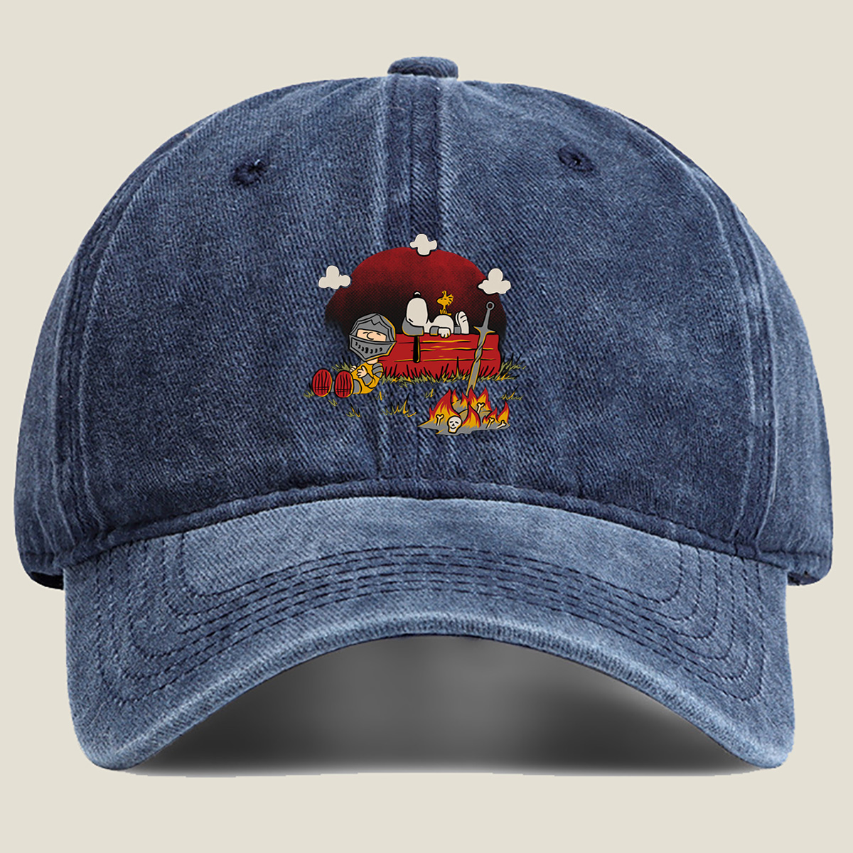**Title:** Knight and Bone in the Moonlight - Washed Denim - Baseball Cap