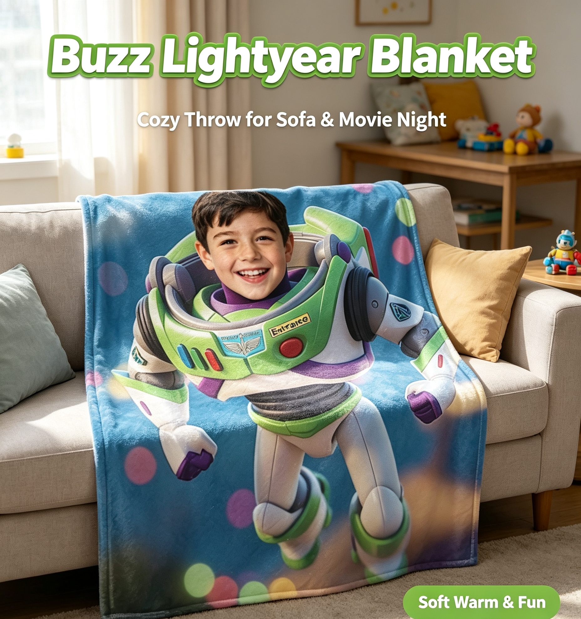 Personalized Space Ranger Photo Fleece Blanket – Custom Face Galactic Hero Soft Throw for Kids & Toddlers, Bedroom Bedding & Birthday Gift