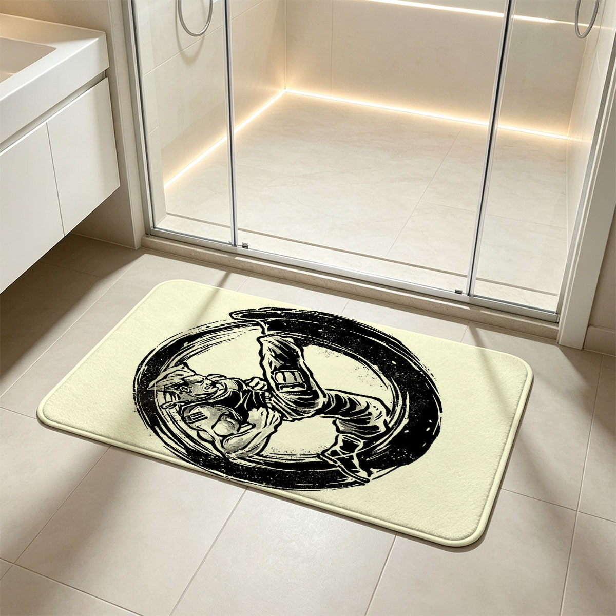 Samurai Warrior in Dynamic Combat Pose within Circular Frame - Flannel floor mat