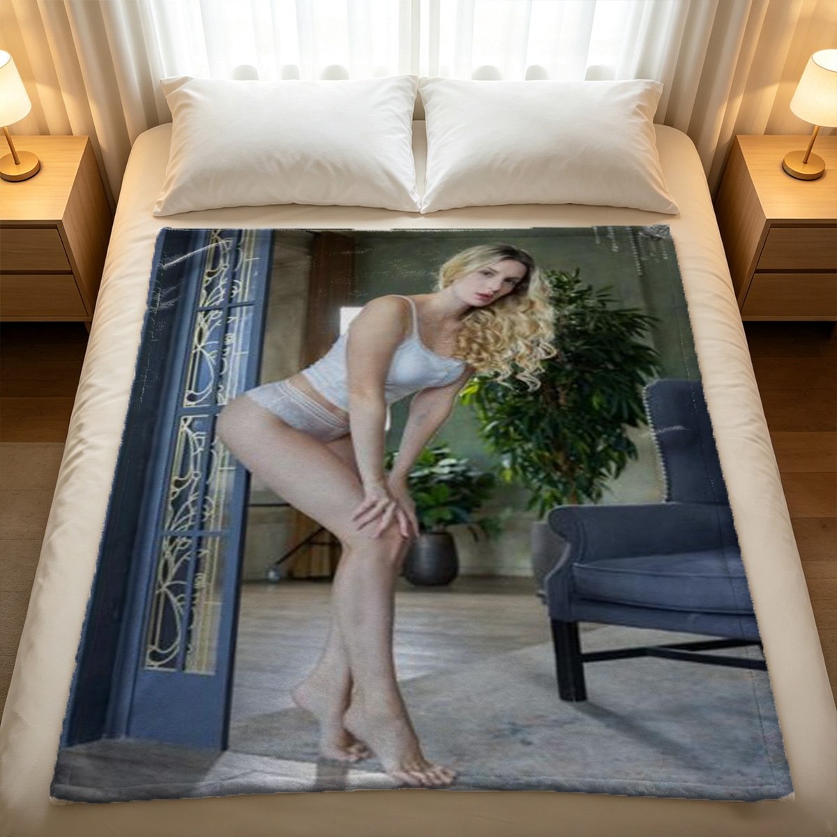 Redhead in Pink Satin Nightie Kneeling on Bed - Blanket