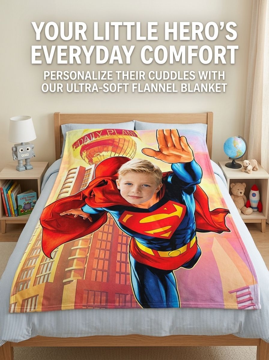 Custom Face Photo Superhero Flannel Fleece Blanket, Ultra Soft Personalized Bed Sofa Throw for Kids and Adults Gift