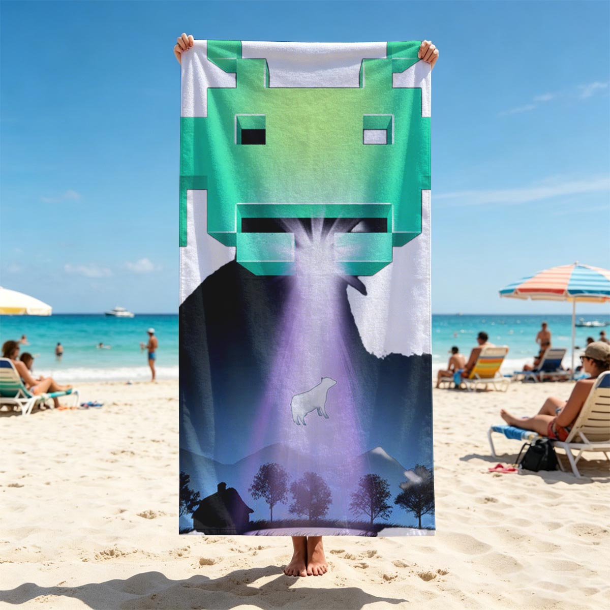Alien Invader and Dog in Beam of Light - Beach towels