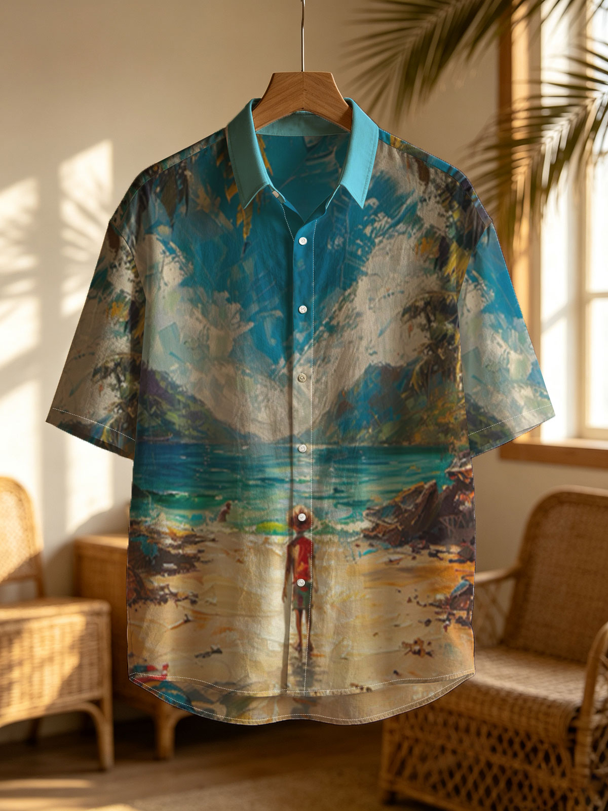 A woman walks on a tropical beach, framed by palm trees and turquoise waters under a vibrant sky. -  Shirt