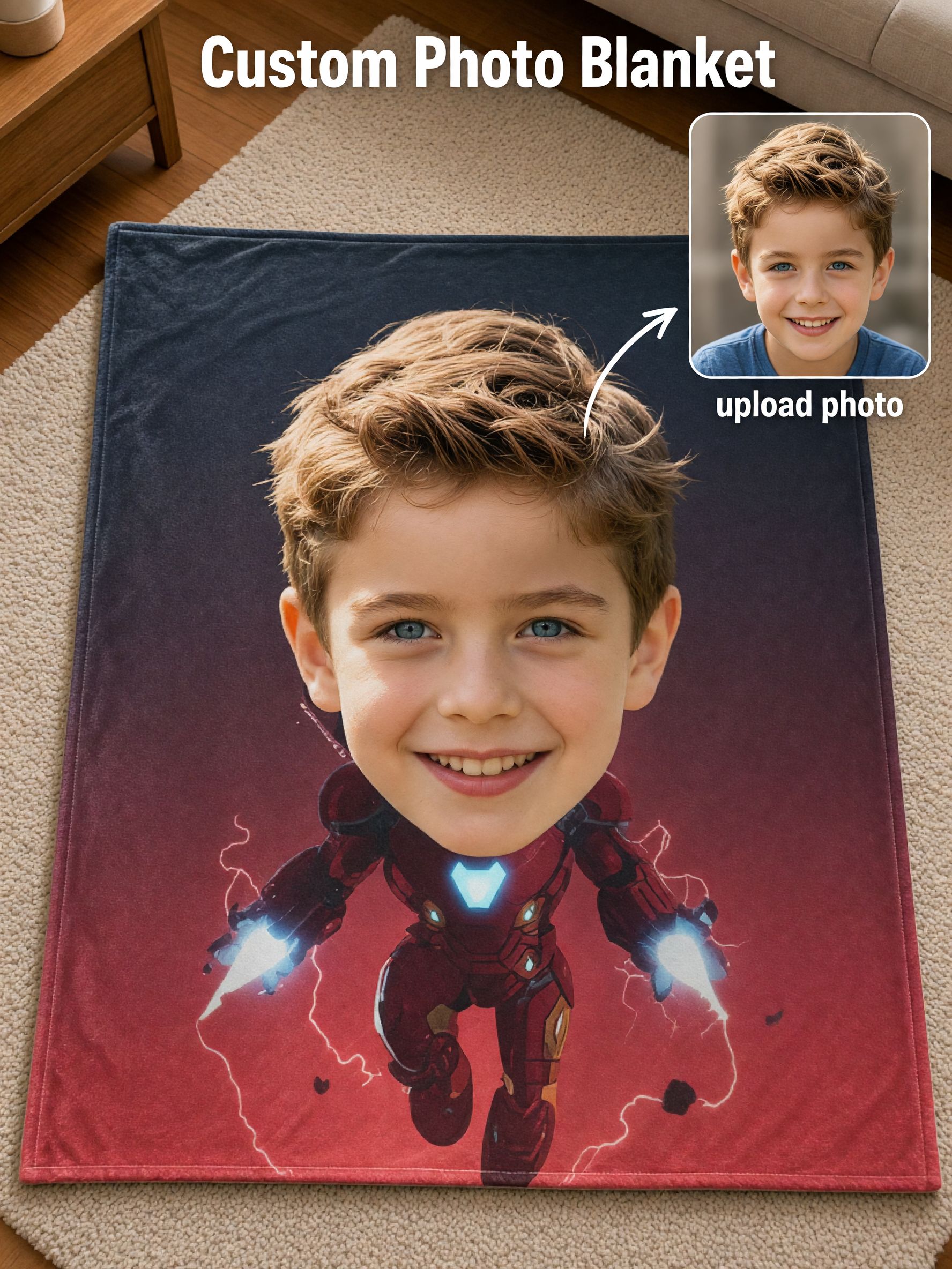 Custom Photo Face Superhero Flannel Blanket, Ultra Soft Plush Throw, Ideal Personalized Gift for Kids and Family