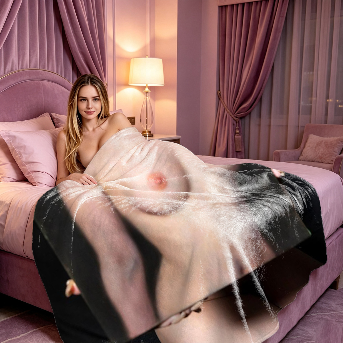A beautiful Asian woman with long black hair sits topless on a wooden bed, covering her breasts with an ornate white folding fan, wearing a sheer white sarong around her waist in an elegant bedroom setting. - Blanket