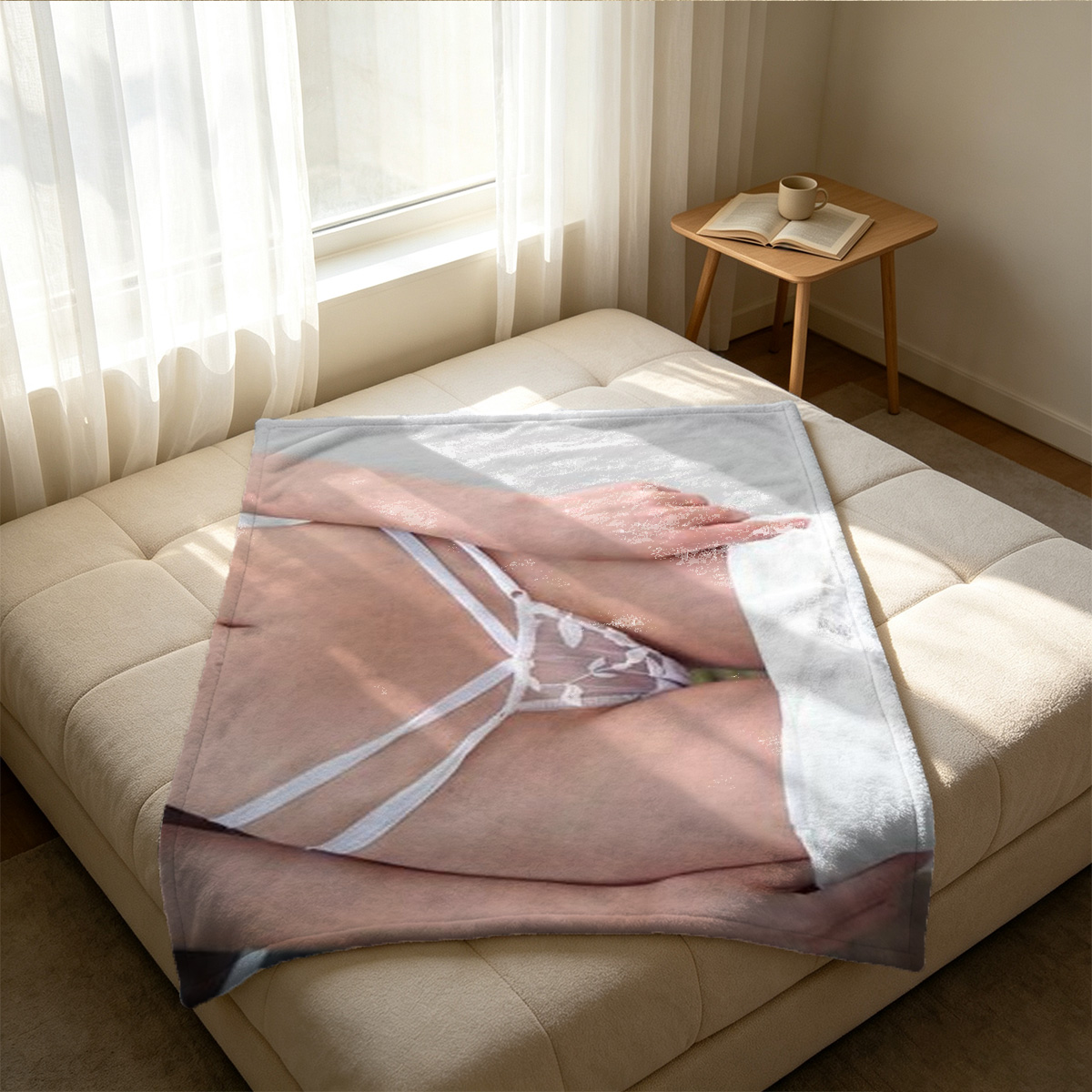 Nude Brunette in Blue Thong on Sofa - Blanket