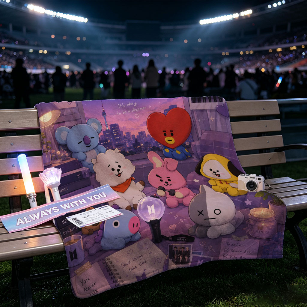 BTS BT21 Characters in a Cozy Room with City View and Dreamy Night Sky Decor - Blankets