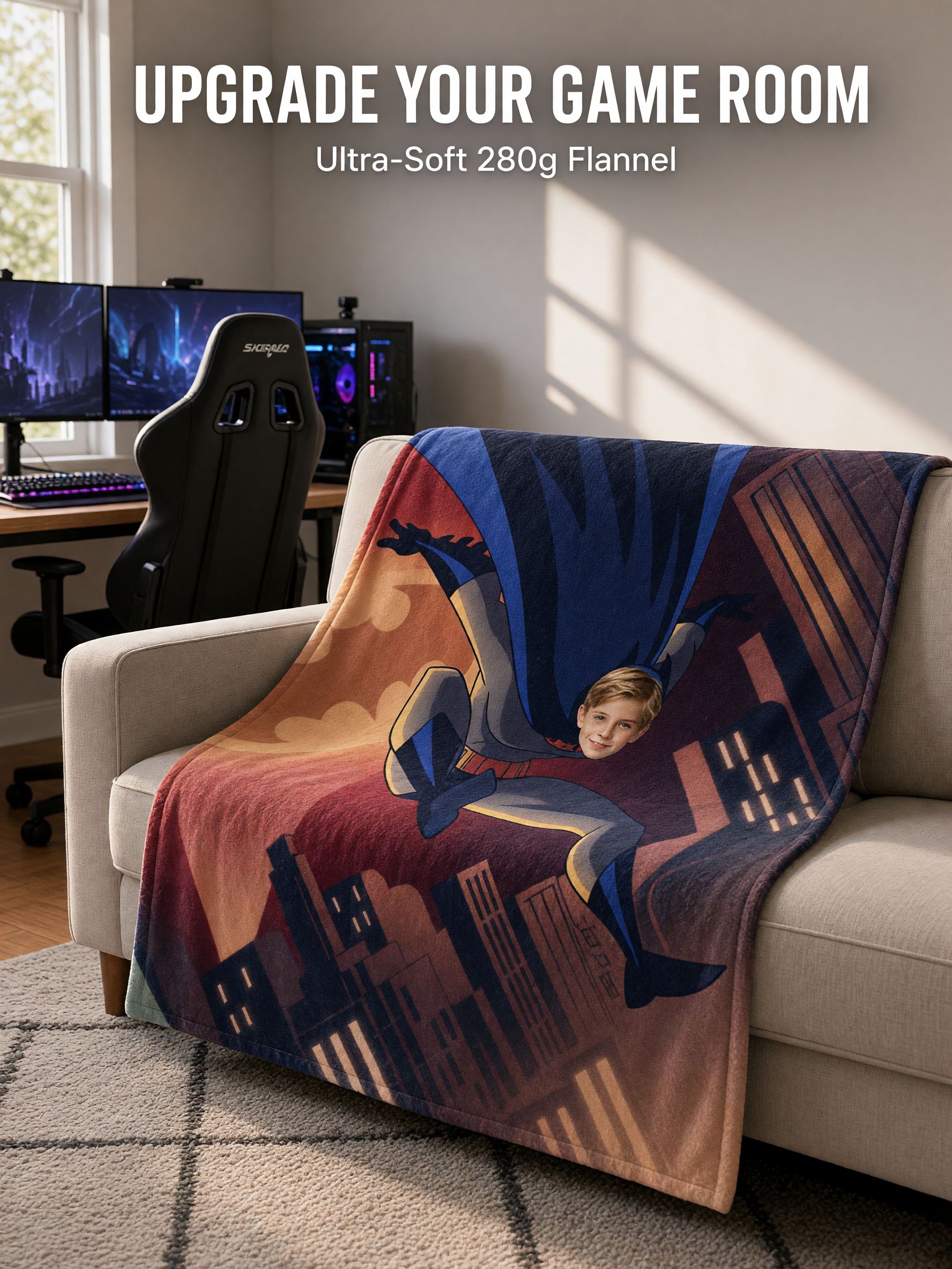 Personalized Superhero Face Photo Blanket, Custom Flannel Throw for Kids and Adults, Cozy Bed and Couch Gift