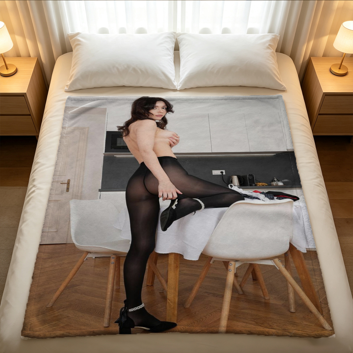 Two Beauties in Sailor Lingerie on Bed - Blanket