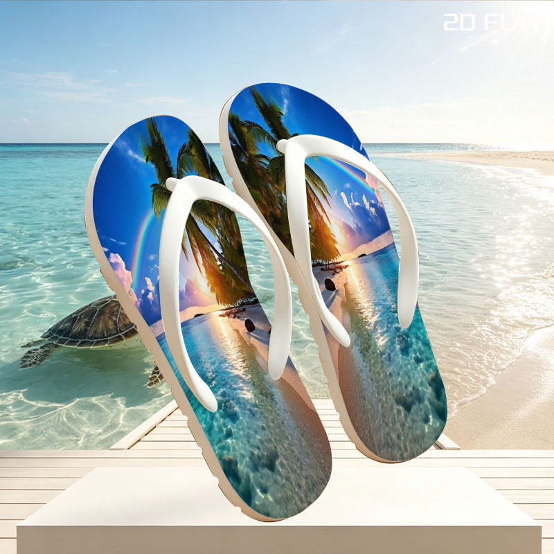 Tropical Beach with Rainbow and Palm Trees at Sunset -  flip-flops
