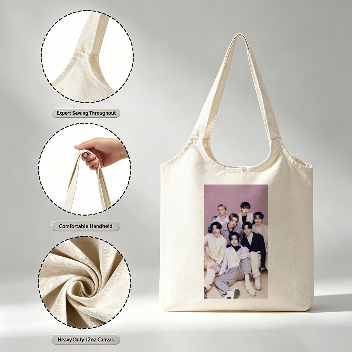 ENHYPEN Group Photo in Stylish Outfits Against Soft Pink Background - Canvas shoulder bags/