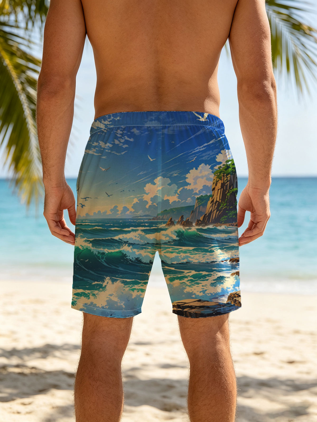 Ocean Waves Crashing Against Rocky Coastline Under Blue Sky -  Beach shorts