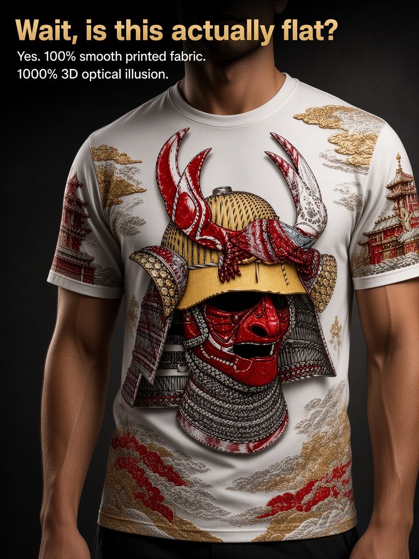 Japanese Samurai 3D Optical Illusion Graphic Tee Breathable Athletic Mesh T-Shirt Casual and Sports Wear