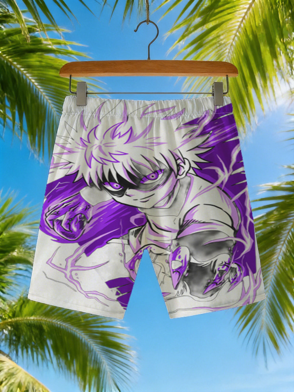 Saitama from One Punch Man in a dynamic pose with purple energy effects -  Beach shorts