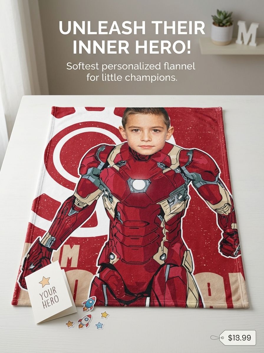 Custom Face Photo Superhero Flannel Blanket Personalized Cozy Warm Throw Blanket for Boys Girls Birthday Gift