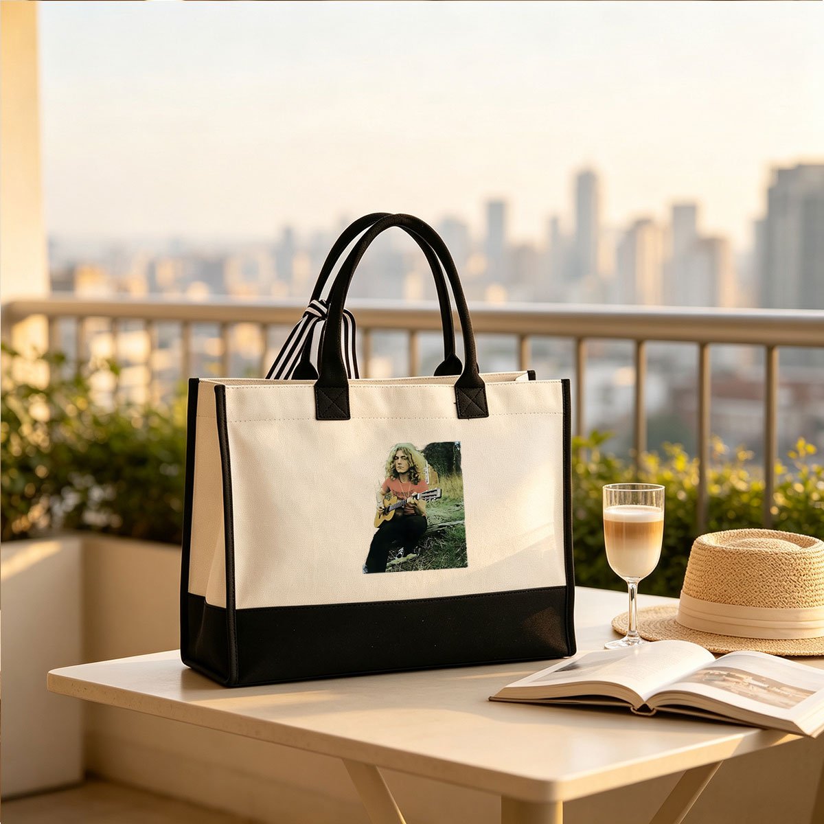 Roger Taylor Playing Acoustic Guitar Outdoors - Canvas patchwork gift tote bag