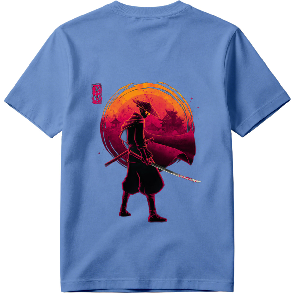 Samurai Warrior with Bloodied Sword Against Crimson Moon - Tee