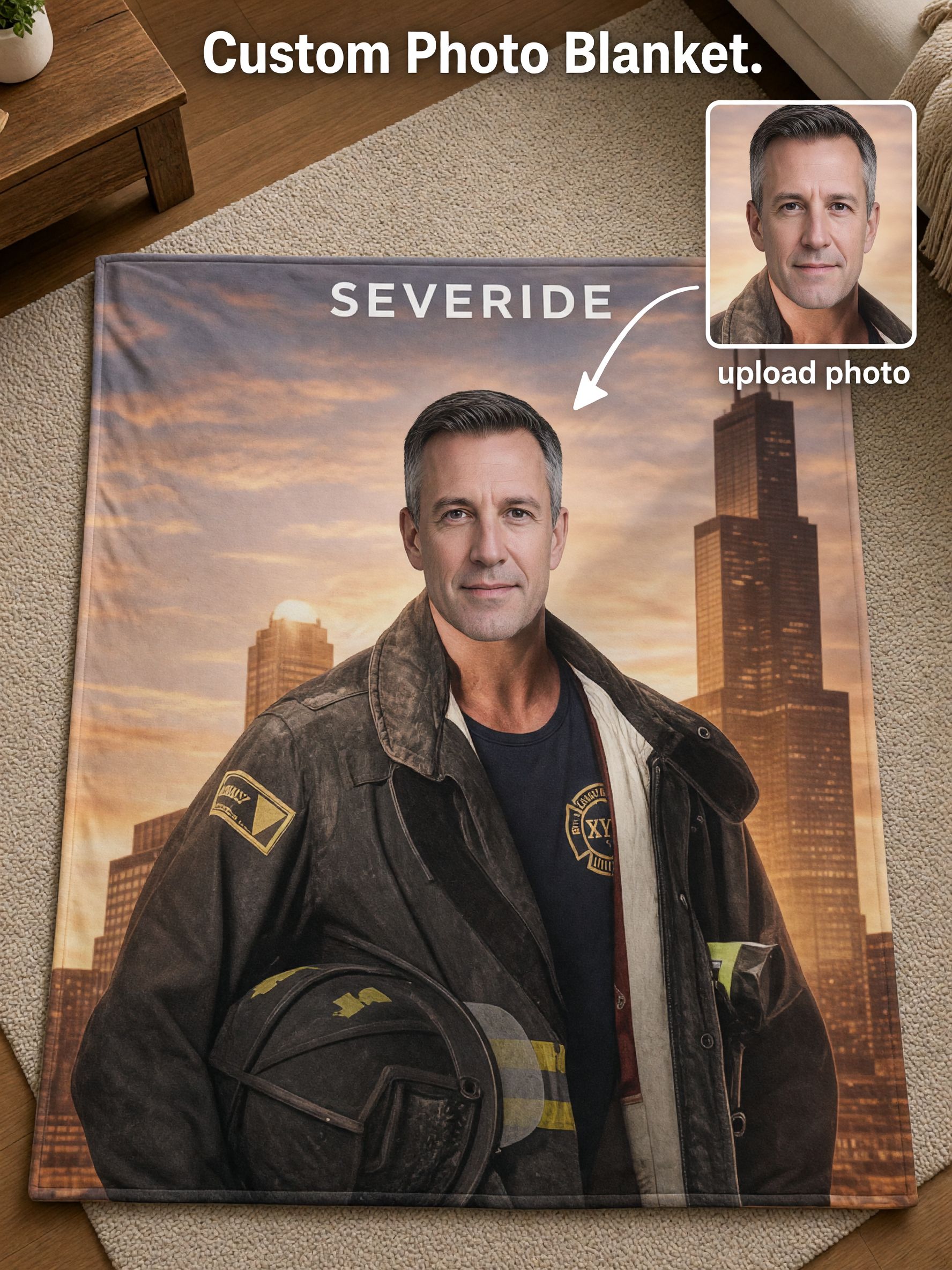 Custom Face Blanket Personalized Firefighter Portrait Flannel Fleece Throw, Ideal Cozy Gift for Bed and Couch