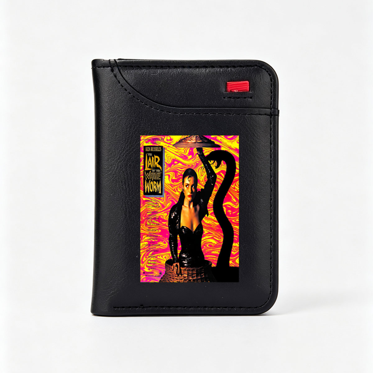 Ken Russell's The Lair of the White Worm: A Woman in Black with a Snake, Vibrant Background - Vertical Style Wallet