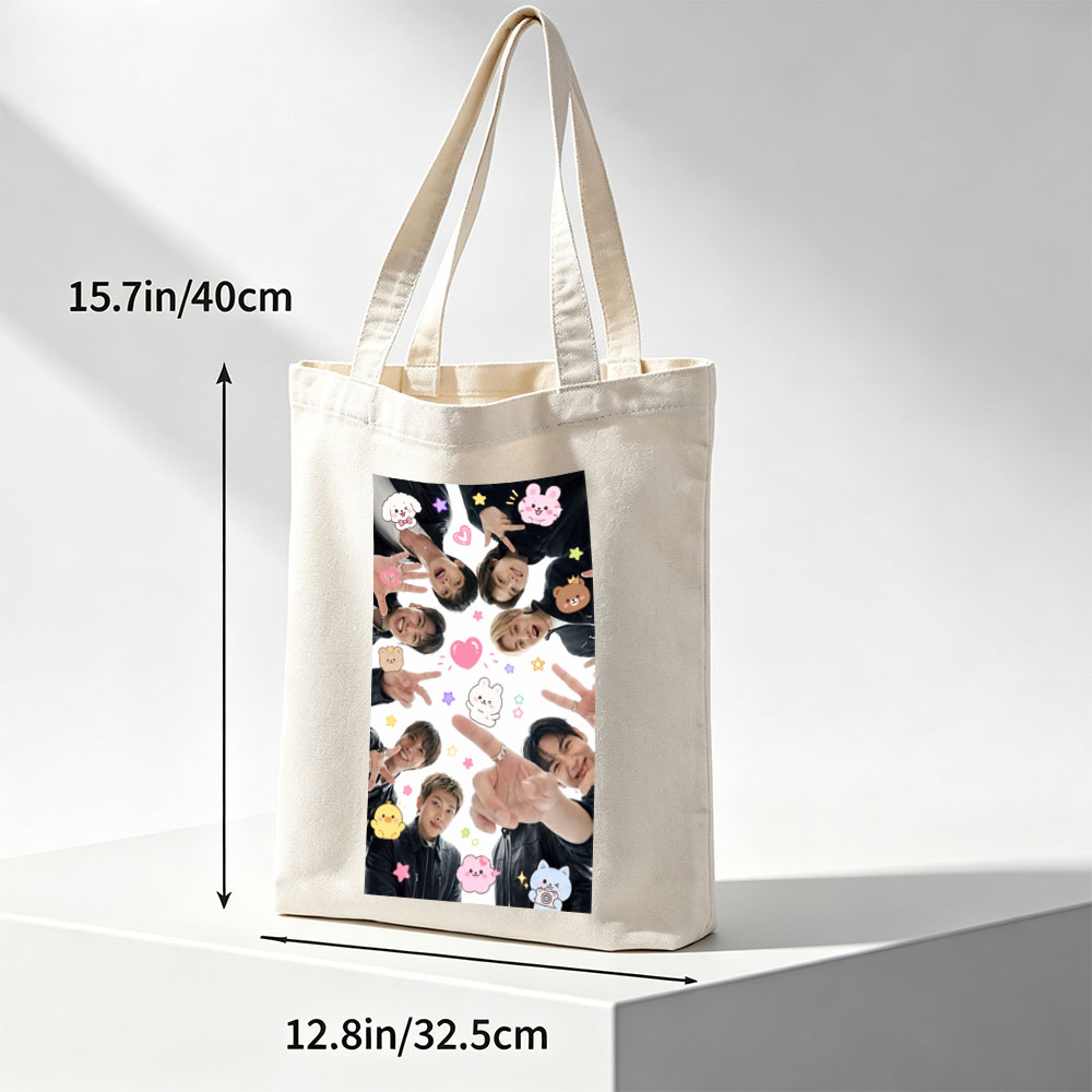 BTS Members in a Circle with Cute Stickers and Peace Signs - Canvas tote bags