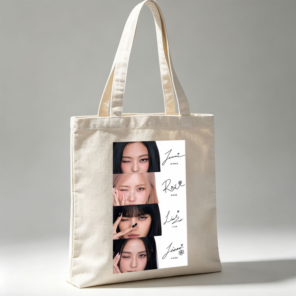 BLACKPINK Members Close-Up Portraits with Signature Names and Emojis - Canvas tote bags