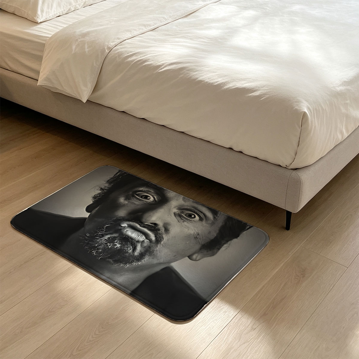 Al Pacino in a dramatic black-and-white portrait, displaying an intense expression with wide eyes and a furrowed brow. - Flannel floor mat