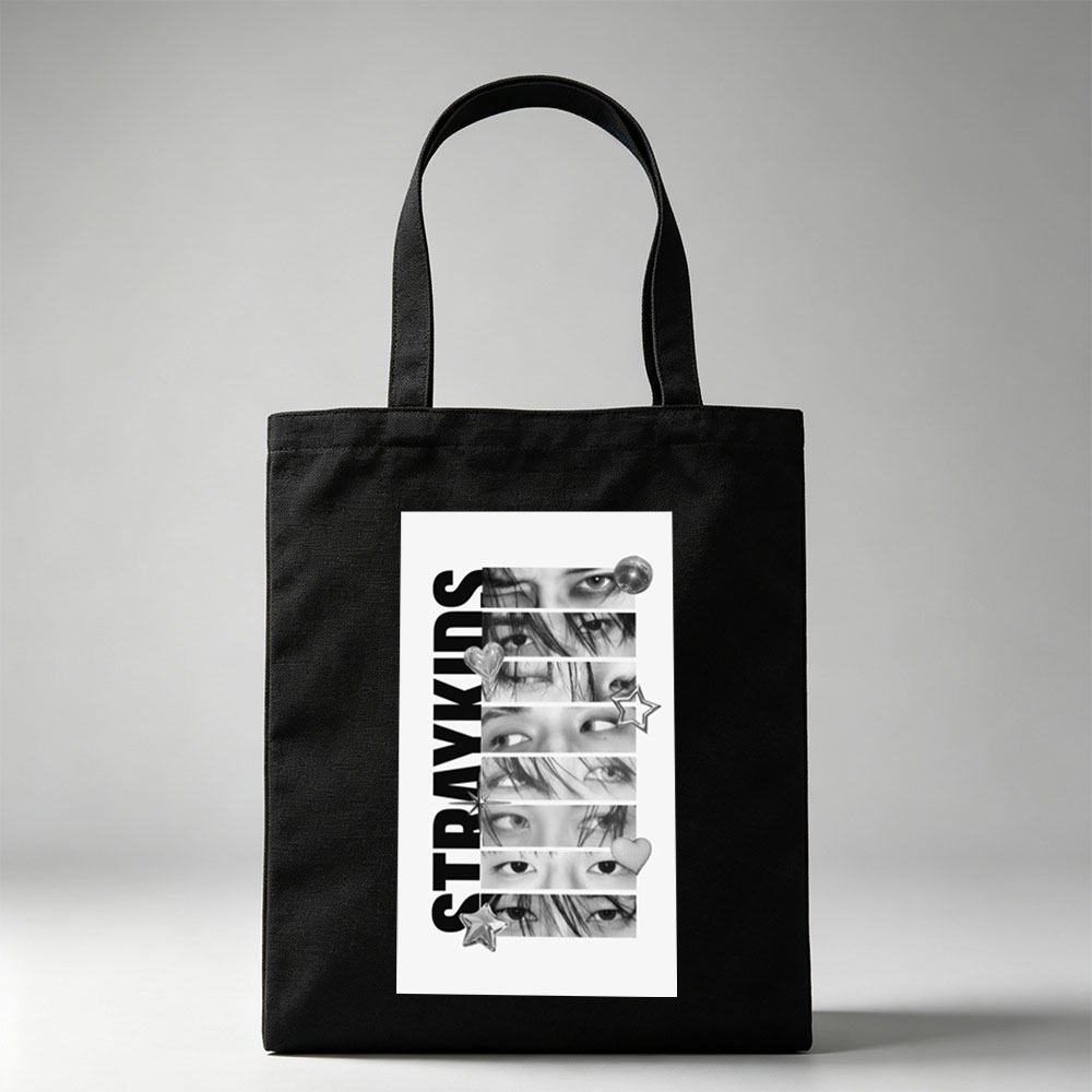 Stray Kids Close-Up Eyes Black and White Collage with Stars and Hearts - Canvas tote bags