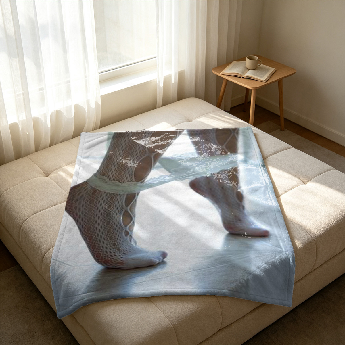 Aubrey in brown top pulling up flared pants in living room. - Blanket
