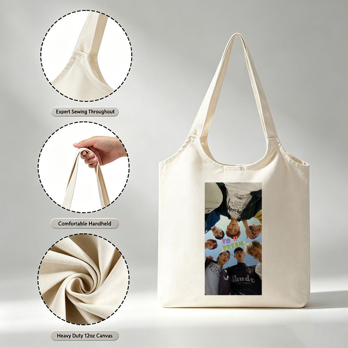 YOASOBI Dream Team Members in a Circular Pose Under Blue Sky - Canvas shoulder bags/