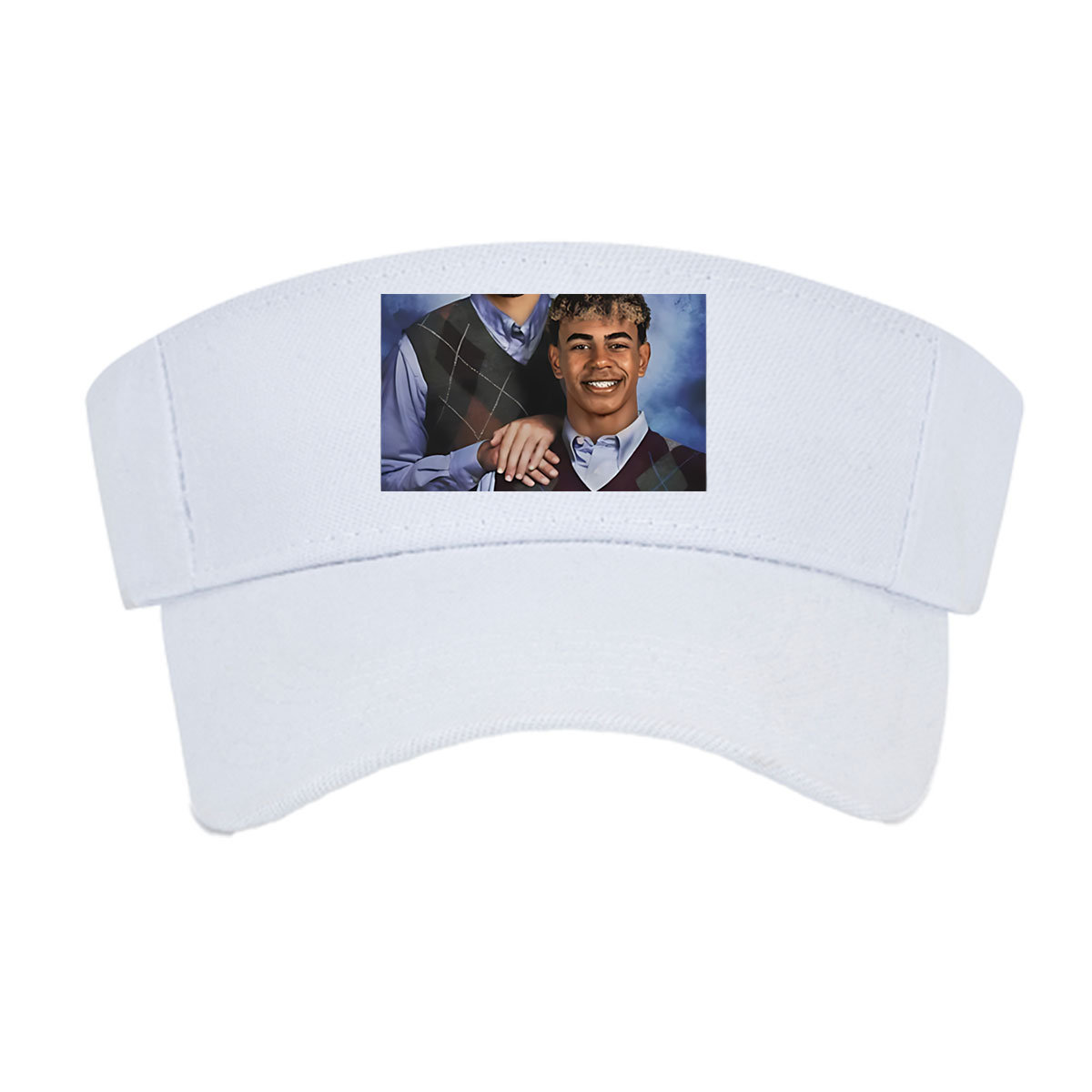 Two Men in Argyle Vests, One Smiling, One Serious, Blue Background -  Visor cap