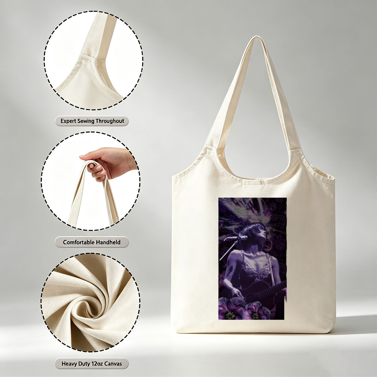 Bj?rk Performing with Guitar in Purple Floral Scene - Canvas shoulder bags/