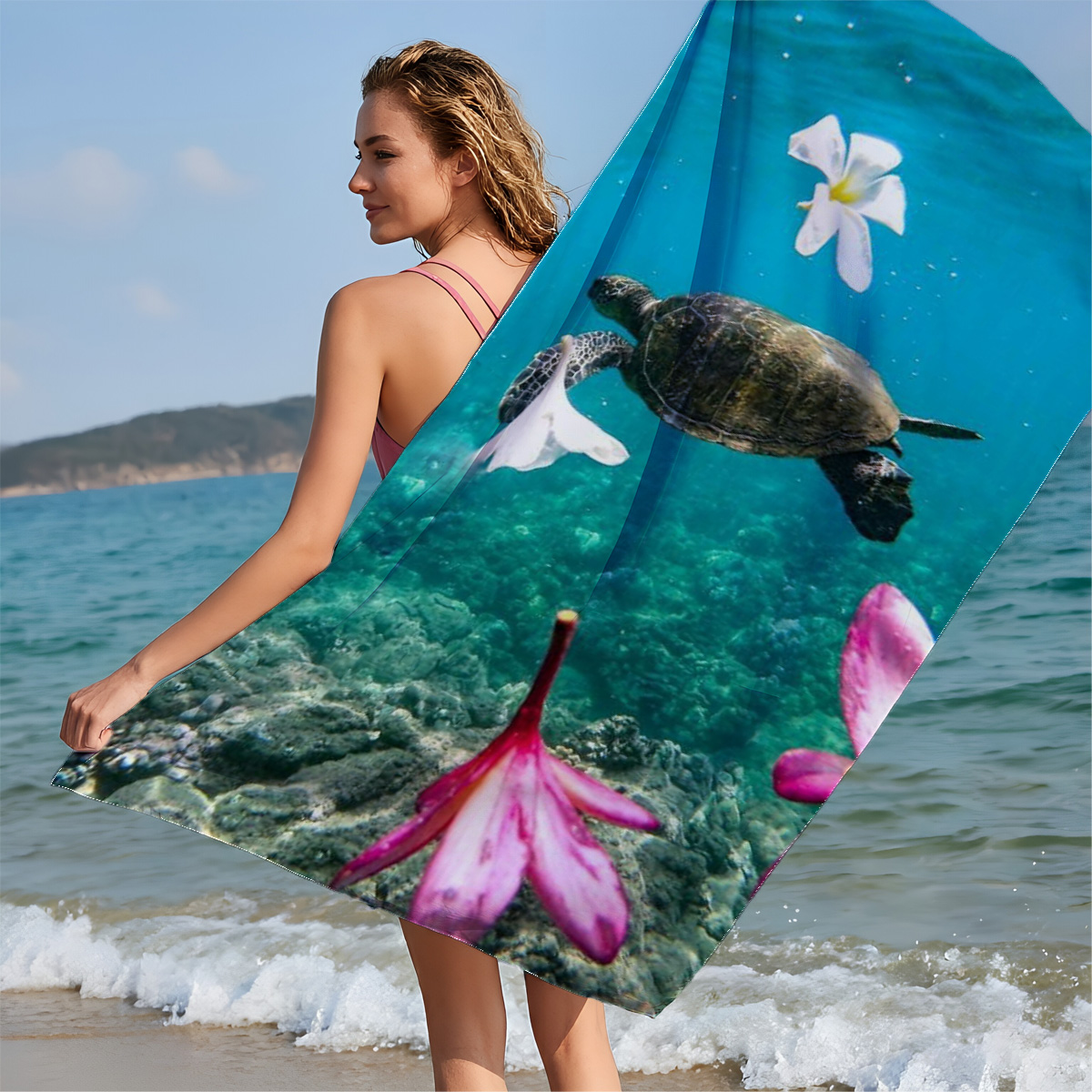 Sea Turtle Swimming Among Floating Flowers Underwater - Beach towels