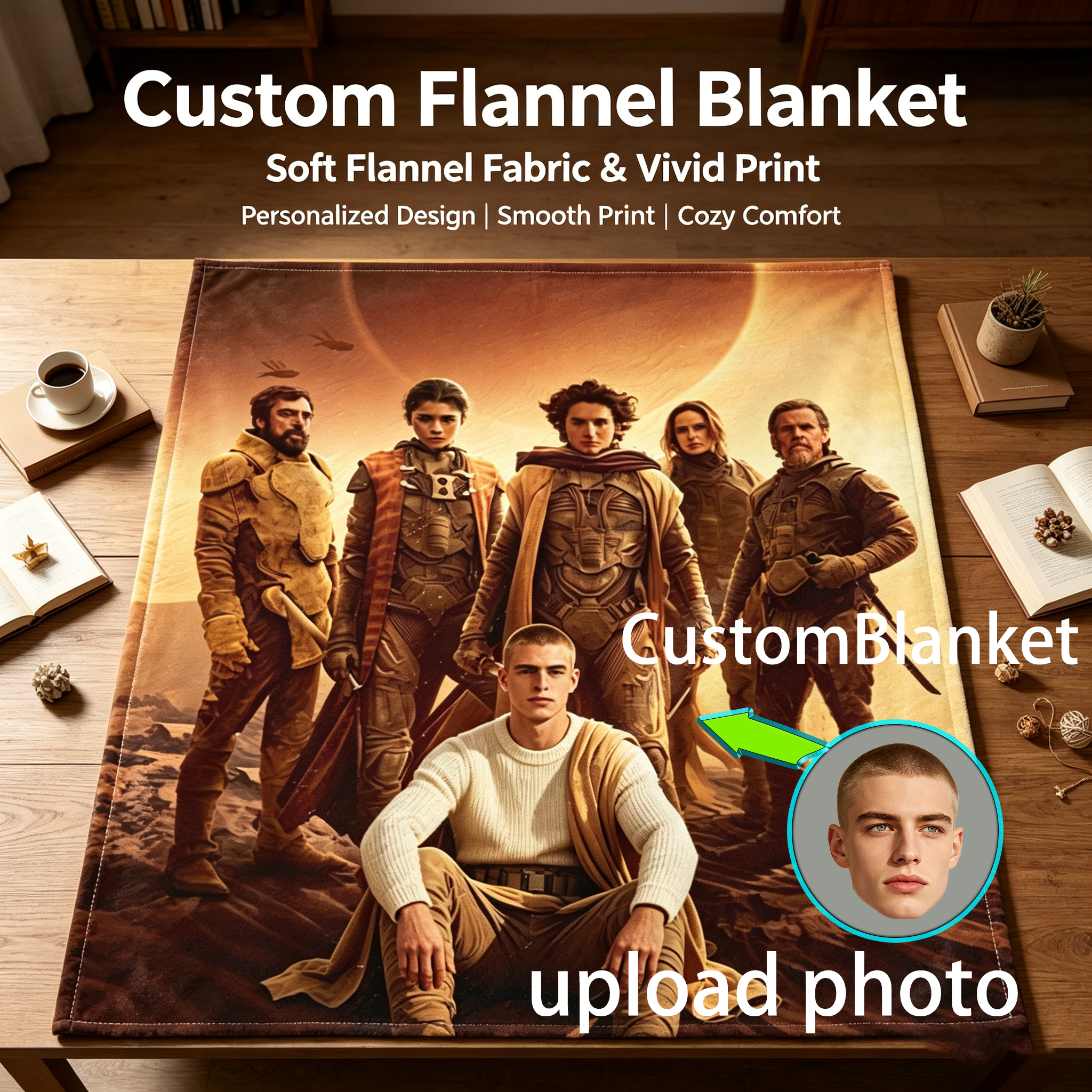 Custom Face Blanket Dune Movie Characters Flannel Blanket for Couch, Bed, or Travel – Perfect Gift or Giveaway for Sci-Fi Fans