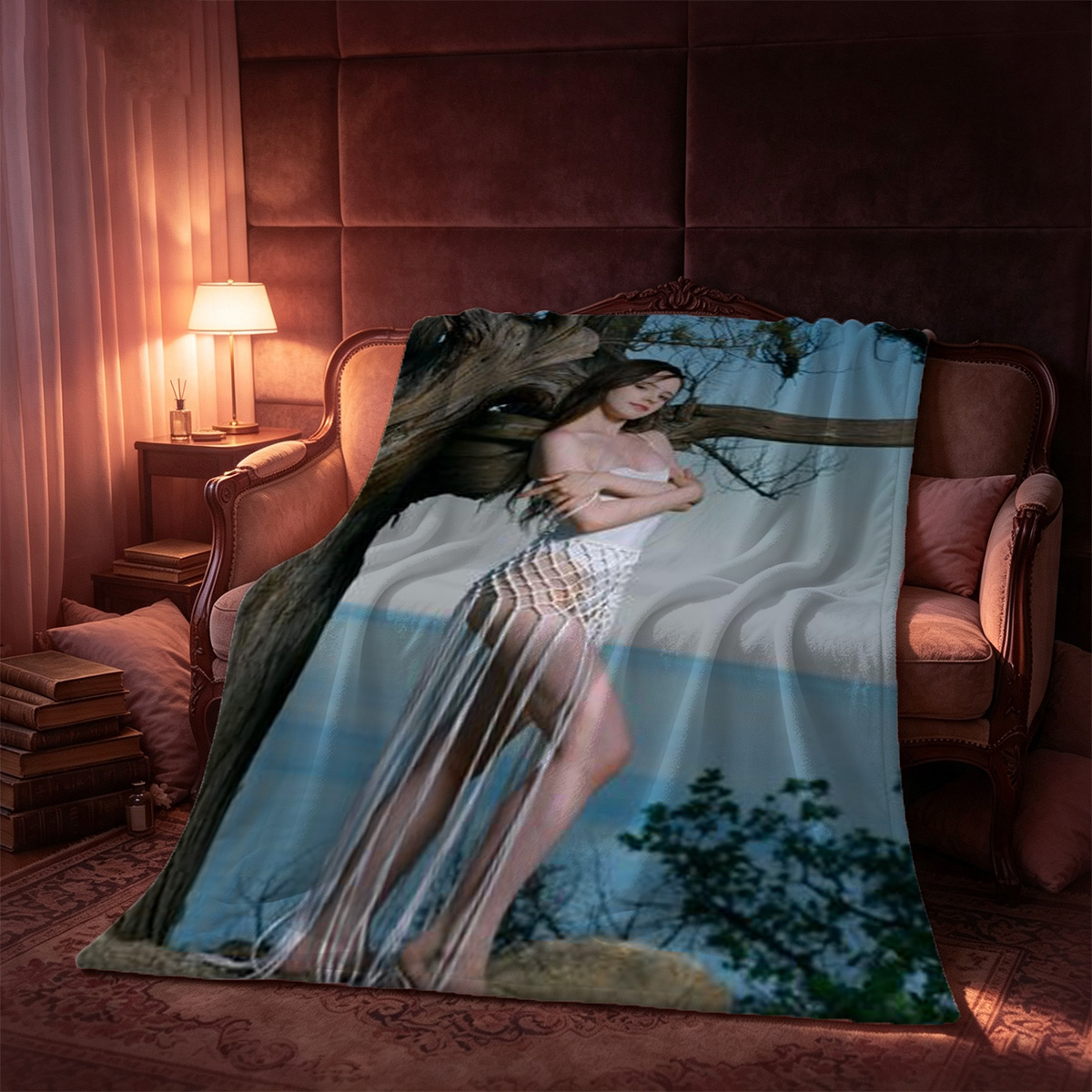 Two Elegant Women Embracing in a Luxurious Dining Room - Blanket