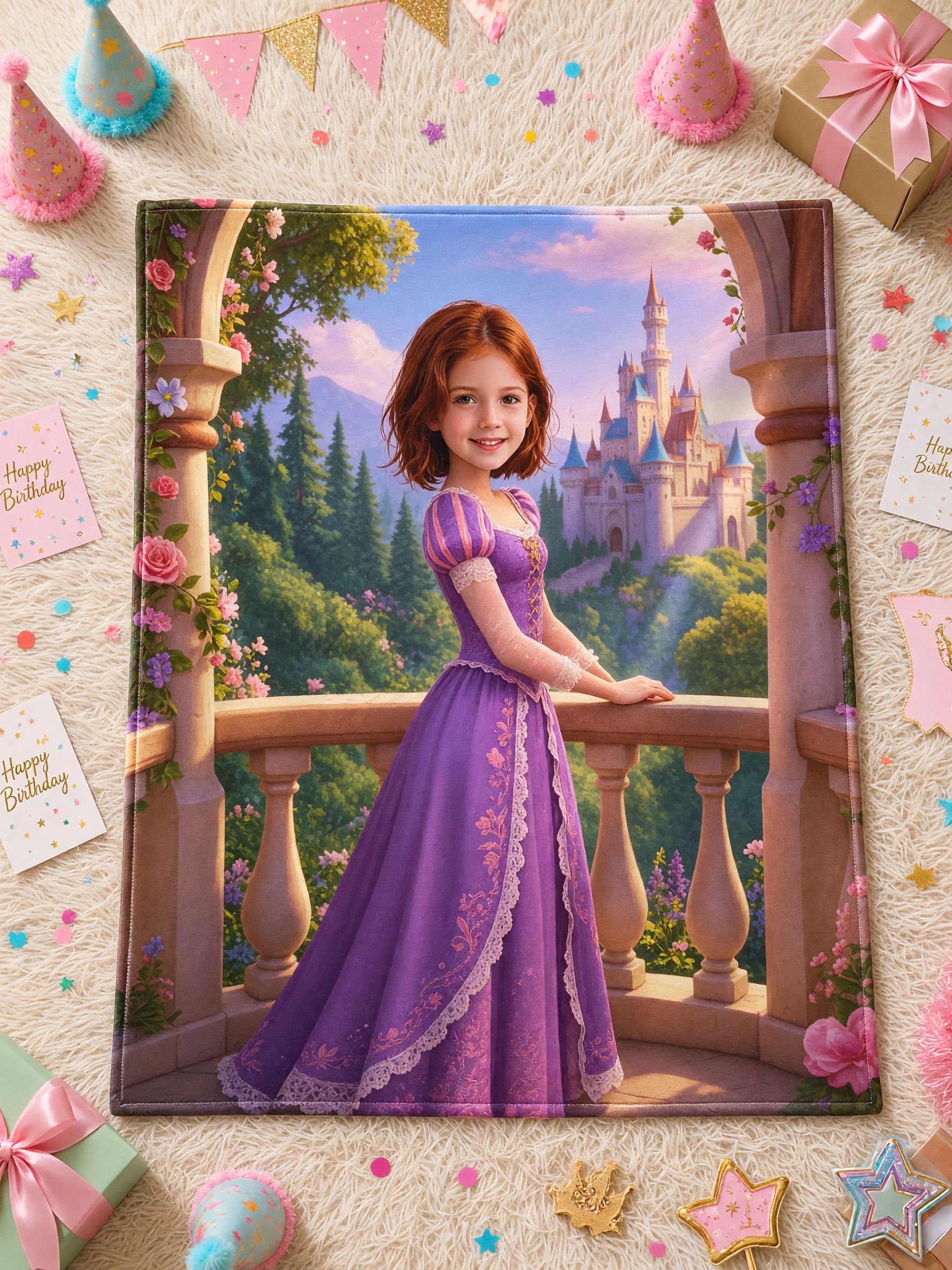Custom Photo Face Blanket, Fairy Tale Princess Castle Flannel Throw, Ultra Soft Personalized Gift for Girls