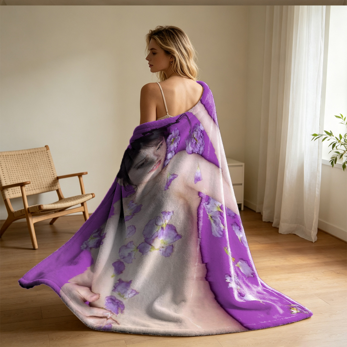 Two Models in Intimate Pose: Anya Taylor-Joy in Black Dress and White Veil, Embraced by Brunette in White Shirt - Blanket