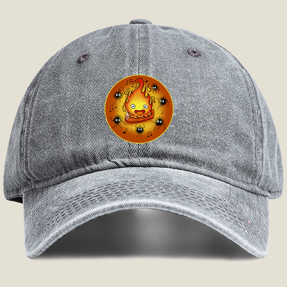 Flame Character with Spiders and Music Notes - Washed Denim - Baseball Cap