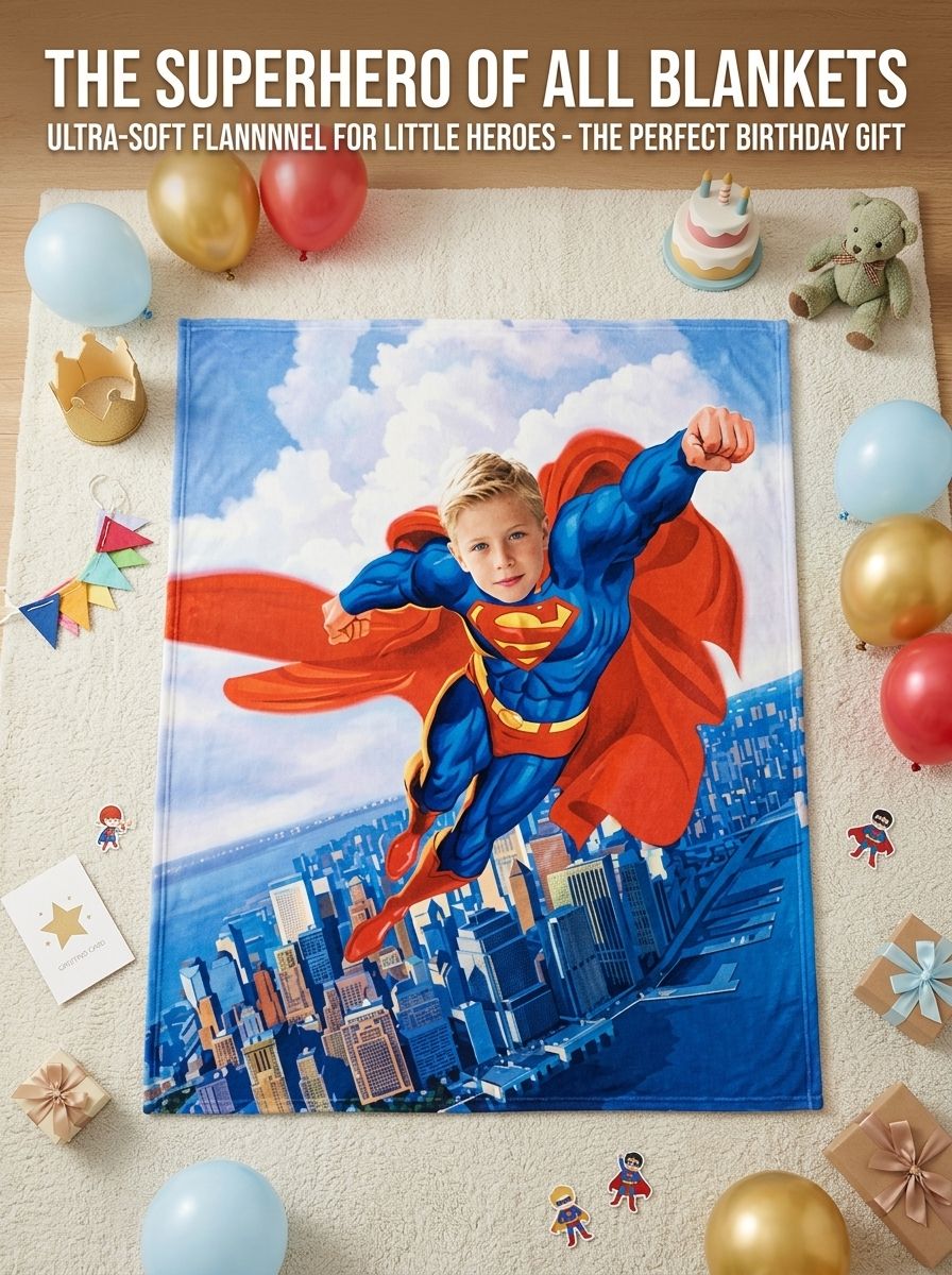 Custom Superhero Photo Face Blanket Ultra Soft Velvet Flannel Throw Personalized Keepsake Gift for Kids and Family