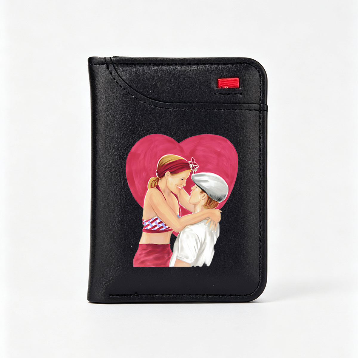 Romantic Couple Embracing in Front of a Heart Background - Vertical Style Wallet